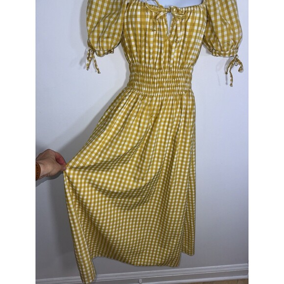 Faithfull Brand Flora Puff Sleeve Midi Yellow Mari Check Gingham Dress Women 6 - Picture 3 of 10